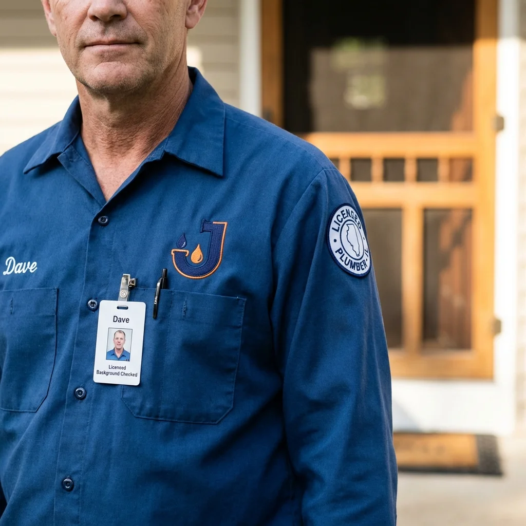 Licensed plumber showing ID badge in Lawrenceville, IL