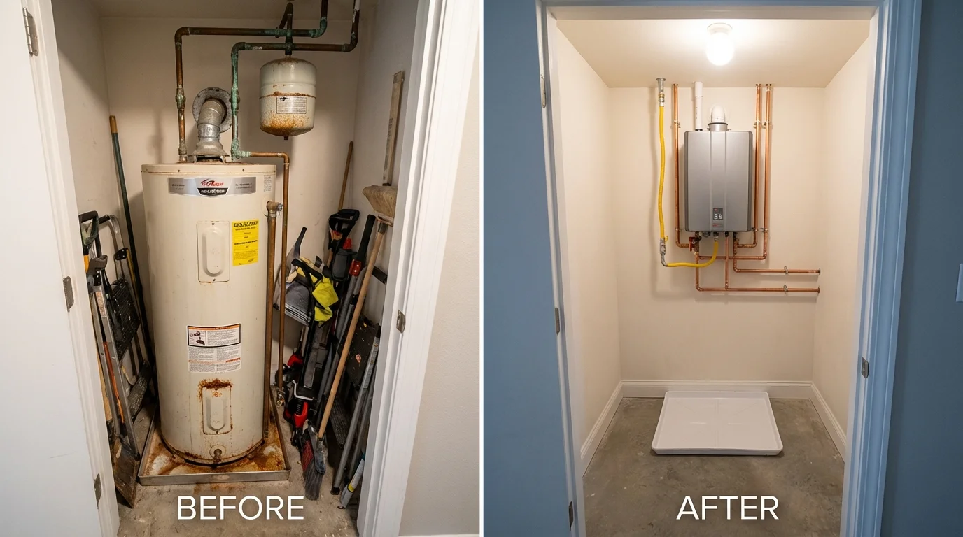 Tank water heater versus wall-mounted tankless unit comparison for Lawrenceville, IL homeowners