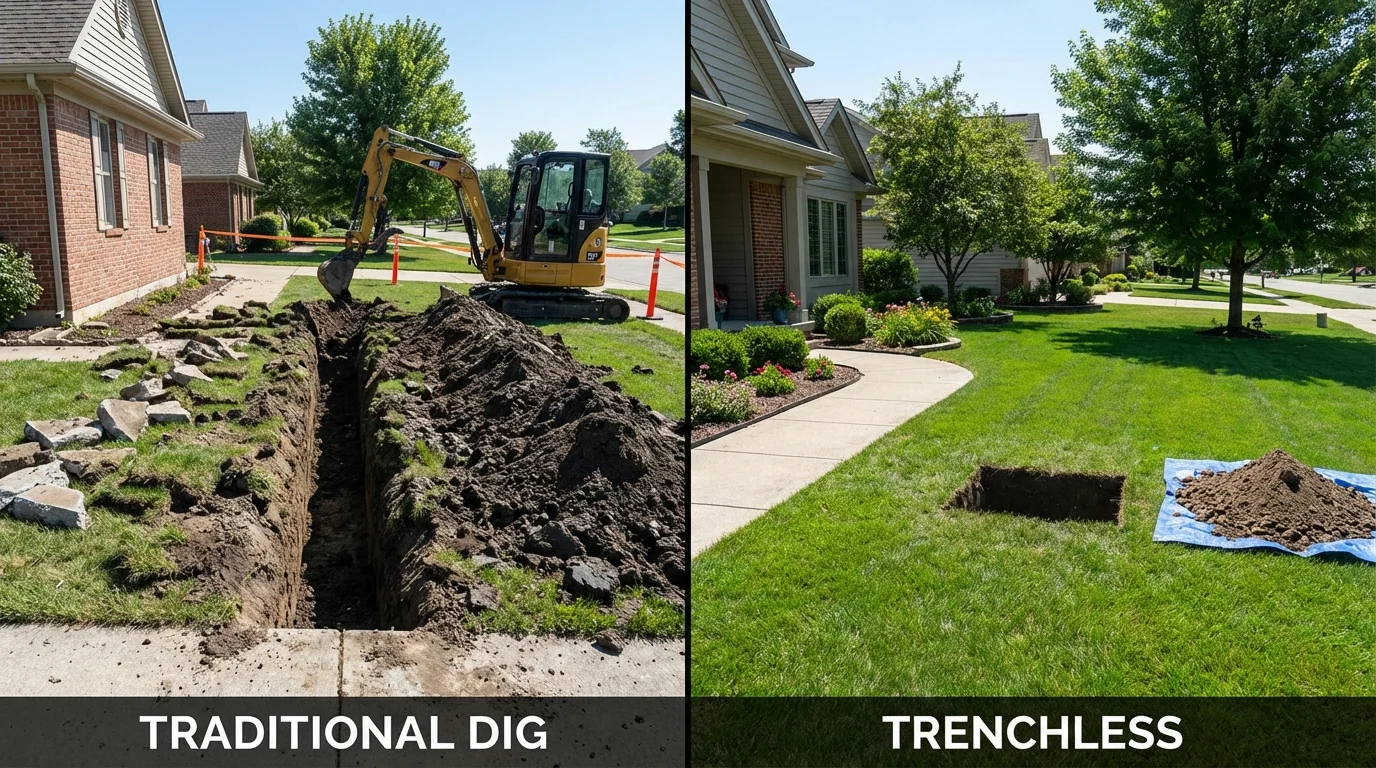 Trenchless sewer repair with minimal yard damage versus traditional excavation in Lawrenceville, IL