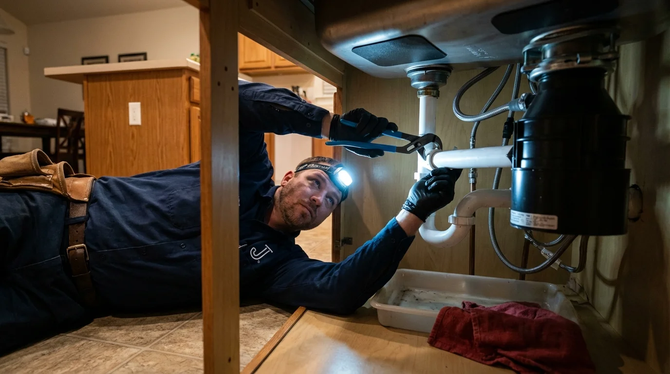 P-trap and supply line connections under a kitchen sink showing a common leak point in Lawrenceville, IL